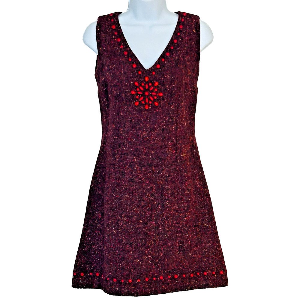 Rouge & Levres Wool Dress 90s Burgundy Tweed Red Beads Fitted Italy 42 US 10‎